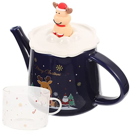 Mikinona Juego de Té de Cerámica con Diseño de Reno Navideño Tetera Decorativa de Estilo Vintage Tetera para Decoración del Hogar Tetera Azul