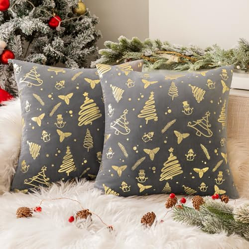 Softalker kleiner Kissenbezug Weihnachten 35x35 Grau Samt 2er Set Weihnachten Kissenbezüge Sofakissen Dekokissen Kissenhülle Weihnachten Geschenke für Schlafzimmer Wohnzimmer Tischdeko Esszimmer Hotel