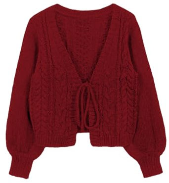 SKAYS Womens Tie Front Bow Cardigan Sweaters Cropped Cable Knit Cardigans Trendy Fall Long Sleeve Outerwear, Red, Small