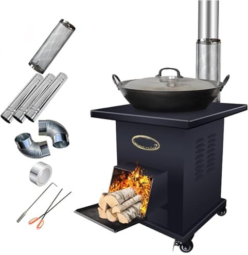 Cast Iron Wood Burning Stove, Portable Camping Stove with wheel, Smokeless Wood Multi-Fuel Burning Stove for Cooking & Heating, Indoor Fireplace Heater with Accessories for Home,BBQ
