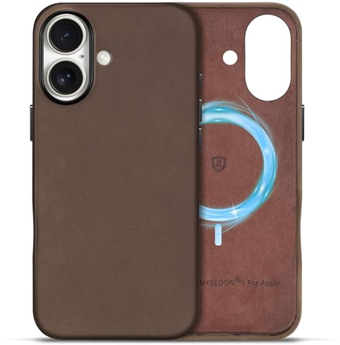 SHIELDON Lederhülle für iPhone 16, Schutzhülle [Crazy Horse Leder] [Kamerasteuerung] [Anti-Fingerabdruck] [Dünn] [Magnet Kabelloses Laden] Hüllen Kompatibel mit iPhone 16 5G 6,1 2024 Dunkelbraun