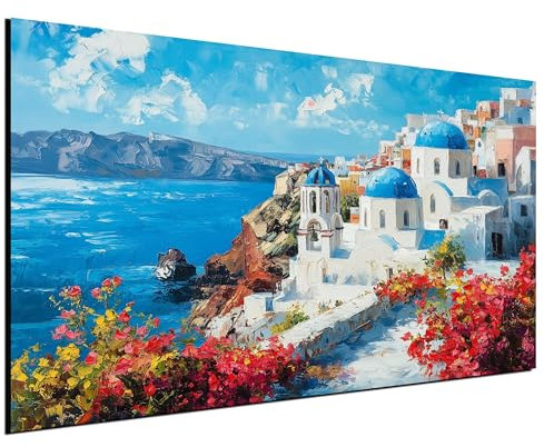 DARO Design® Wandbilder Klein 30x20 cm Mini Schlafzimmer Home Deko Wohnung Bild Wohnzimmer Fotoleinwand Wand Bilder Leinwand Wall Decor Abstrakt Griechenland Meer Santorini Gemälde blaue Dächer