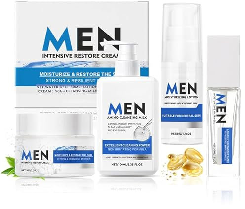 Skincare Hombre, Kit Cuidado Facial Hombre, Skin Care Hombre con Crema Limpiadora Facial, Tónico Facial, Gel Hidratante, Hidratación Limpieza Profunda, un Regalo Para Hombres-4 Artículos