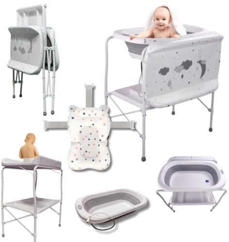 BATHBY | Bañera bebé con patas Multifuncional 6en 1: Plegable con Soporte, con Cojín Antideslizante, Cambiador, Bandeja y Cesta Organizadoras, Desagüe con Tubo y Soporte para Ducha (Gris Pro)