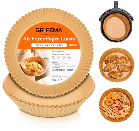 GRIFEMA Papel Freidora Aire 100 Piezas, Papel para Freidora de Aire Redondo sin BPA, 16-20cm, Antigrasa, Homologación SGS、FSC、FDA, 2.2 a 4.5 L, Air Fryer Papel para Ninja, Tefal Air Fryer