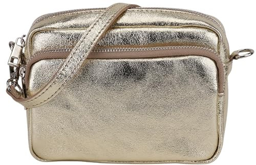 SH Leder Echtleder Umhängetasche Clutch kleine Tasche Abendtasche Alltagstasche mit Verstellbar Schultergurt 18x13cm Pia G394 (Gold)