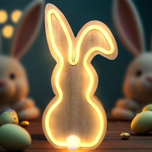 Osterhasenlampe aus Holz,LED Neon Osterhase warmweiß 29.5cm batteriebetrieben Osterdeko,Osterhase Lichter, Festival Home Dekoration Lichter, Wandleuchten, Osterhase Holz Kunsthandwerk Ornamente