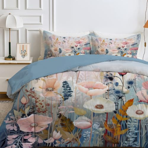 Qiwagu C09 Couette réversible 220 x 240 cm - Bleu clair - Fleurs roses - Lavable - Sans housse - Légère et douce - 200 g/m² - Avec 2 taies d'oreiller - Sans taie d'oreiller