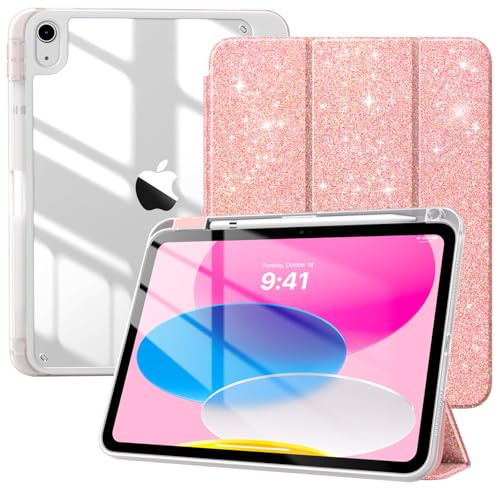 TiMOVO Case for iPad A16 11th Gen 11/10th Gen 10.9, Glitter Light Pink | Pencil Holder, Slim Trifold Stand Protective Cover, Clear Transparent Back Shell, Auto Wake/Sleep