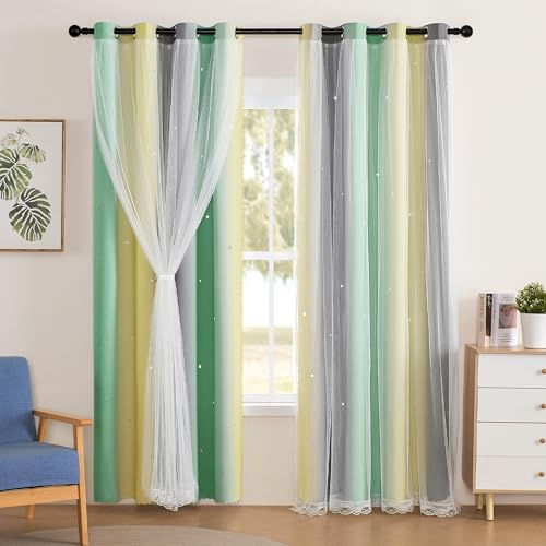 XiDi Stern-Vorhänge für Mädchen, Schlafzimmer, Kinder, Dekor, 2-teiliges Set, Verdunkelung für Wohnzimmer, Vorhänge, Grün, Gelb, Grau, 52/63/2