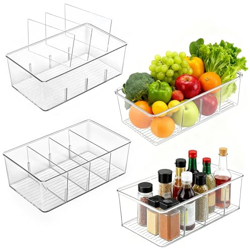 MICHIHOMIE Kühlschrank Organizer 4er Set, Durchsichtig Stapelbar Aufbewahrungsbox mit 4 Fächern für Küchen, Kühlschrank, Vorratsbehälter, Schränke, Badezimmer - BPA Frei
