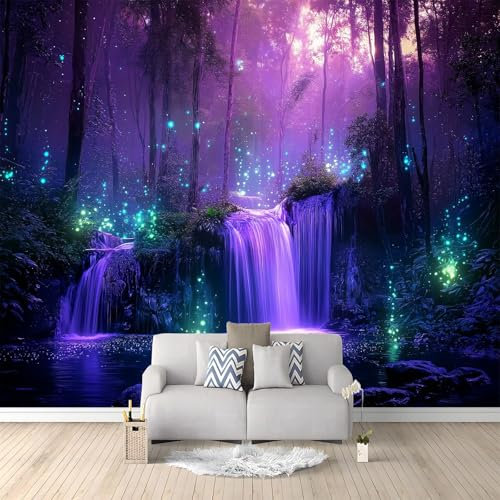 Fantasievoller leuchtender Zauberwald Fototapete 300 x 210 cm (B x H) Vliestapete XXL Panorama Wandbild für Mädchen & Jungs Schlafzimmer | Wanddekoration mit 3D Effekt, Lila