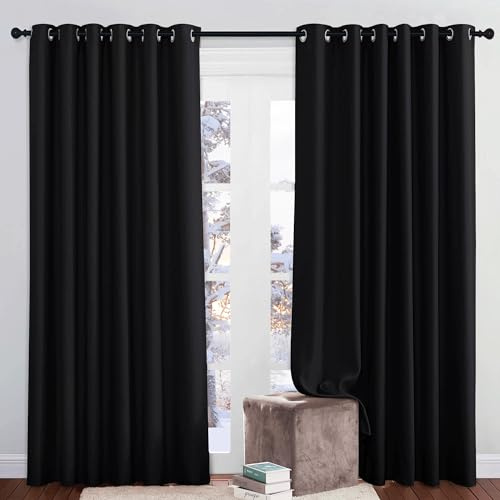 PONY DANCE Blackout Eyelet Curtains, Black, 2 Panels, 80 x 108 Inch | Thermal Insulated 108 Inch Drop Extra Wide Long Curtains for Living Room, Room Darkening, Energy Saving, Super Soft Drapes
