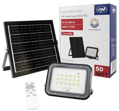 PNI Greenhouse WS50 PRO Projecteur LED 50 W avec panneau solaire 6 W, batterie 5000 mAh, 800 lm, contrôle à distance, minuterie et luminosité réglable, 6500 K, IP65, noir