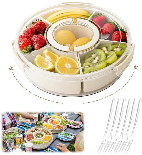 TOPRUNYI Boite Compartiment Alimentaire Rond,Avec 6 Snack Box Compartiment,Snackle Box Container Avec Couvercle et Poignée,Compartiment-Rotatif-Utilisé pour Pique-nique,Collations et Bonbons