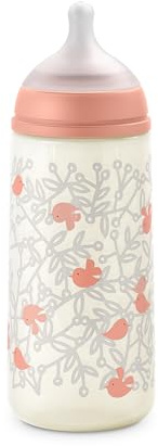 Suavinex, Biberon Anti Colique 360 ml avec Tétine Symétrique SX Pro en Silicone, Débit Dense (L), pour Liquides Épais, Convient aux Bouillies Liquides et Eau. Bébés +6 Mois. Birdies, Rose