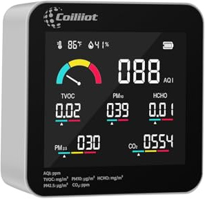 Coiliiot Monitoraggio della qualità dell'aria interna, rilevatore CO2 HCHO TVOC PM2.5/PM10 con misuratore di temperatura e umidità, tester AQI in tempo reale per casa e ufficio (bianco)
