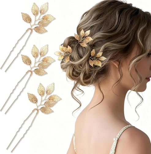 3 Pièces Épingles à Cheveux de Mariée Or Feuille,Accessoires Cheveux Mariage Feuilles Dorées,Chignon Broches pour Les Femmes,Deco Cheveux Mariage,Pour mariées,demoiselles d'honneur(Forme de Feuille)