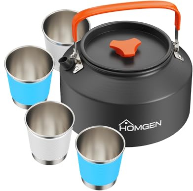 HOMGEN 2L Large Portable Camping Kettle for Outdoor Hiking with 2 Cups | Lightweight & Fast Heating, Coffee Pot with Folding & Anti-Scald Handle, Suitable for Gas Stove, Electric Stove & Campfire