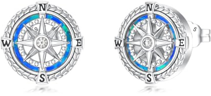 YueYuan Kompass Ohrstecker 925 Sterling Silber Blauer Opal | Schlichter maritimer Schmuck für Freundin, Schwester oder Tochter zu Geburtstag, Weihnachten und Jahrestag