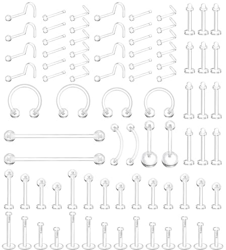Dochais 32-82 Stück Klare Piercing Acryl Retainer für Nasen Septum Lippen Zungen Nippel Bauchnabel Ohr Knorpel Piercings Hoops Schmuck Plastik Piercing für OP