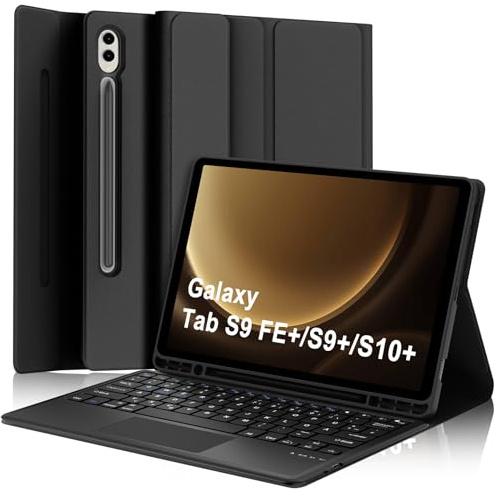 Tastatur Hülle für Samsung Galaxy Tab S9 FE+/ S9+/ S10+ Plus 12.4 Zoll, Magnetische Hülle mit Tastatur für Samsung Galaxy Tab S9 FE Plus/ S9 Plus/ S10 Plus mit Touchpad Stifthalter QWERTZ, Schwarz