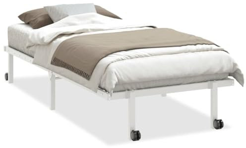 Foknhdi Bettgestell 90x190 cm, Klappbar Einzelbett aus Stahl in Weiß, Metallbett mit Lattenrost, Rollen und Stauraum, Platzsparendes Gästebett für kleine Räume