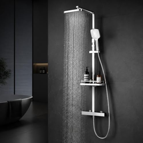 HOMELODY Duschsystem mit Thermostat & Duschablage Chrom,38 °C Duscharmatur | Duscharmatur Komplettset mit Handbrause & Kopfbrause - Höhenverstellbar, Regendusche Wandmontage für modernes Badezimmer