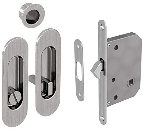 WC Hakenschloss Set für Schiebetüren, ovale Türrosette mit Griffmulde, Badezimmerschloss, Einsteckschloss, Nickel gebürstet