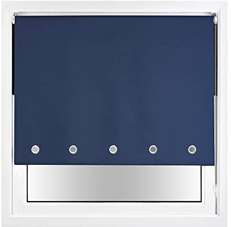 FURNISHED Blackout Roller Blind with Round Eyelets & Metal Fittings Trimmable - Navy Blue, 240W x 210H cm