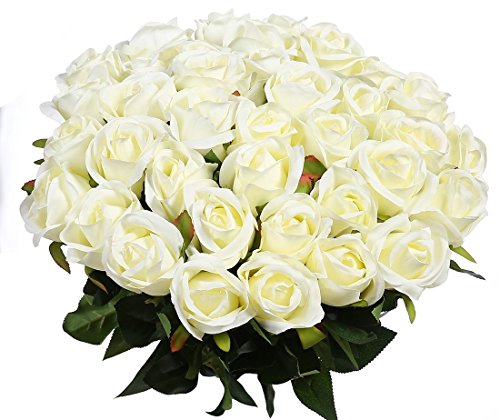 Veryhome 10 Pezzi Fiori Artificiali Rose di Seta Falso Bouquet da Sposa da Sposa per la casa Giardino Partito Decorazioni Floreali (Bianco, bocciolo di Rose)