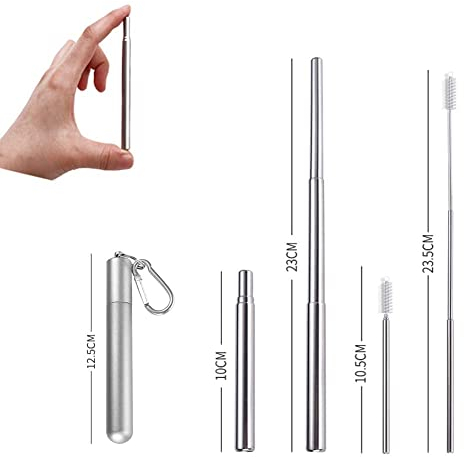 APIKA Pailles télescopiques réutilisables - Pailles à Boire Portables en Acier Inoxydable avec Brosse de Nettoyage, étui et Mousqueton(argenté)