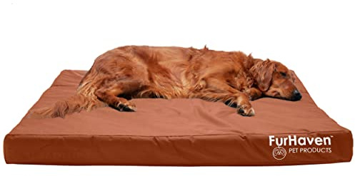 Furhaven Wasserabweisendes kühlendes Gel-Hundebett für große Hunde mit abnehmbarem, waschbarem Bezug, für Hunde bis zu 43 kg, Indoor/Outdoor, Logo-Druck, Oxford-Polycanvas-Matratze, Kastanie, Jumbo/XL