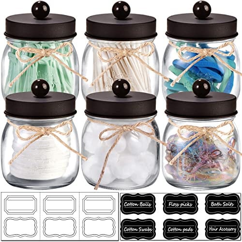 SheeChung 6 Pack Qtip Holders with Labels, Bathroom Organizers and Storage, Bathroom Decor, Apothecary Jars with Lids, Small Mason Jars for Qtips, Cottons, Floss, Balls, Cotton Swabs-Bronze