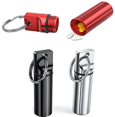 DARENYI 3er-Pack Metall-Pillendose Klein, Tragbar, Wasserdicht, Schlüsselanhänger, Rot, Schwarz, Silber