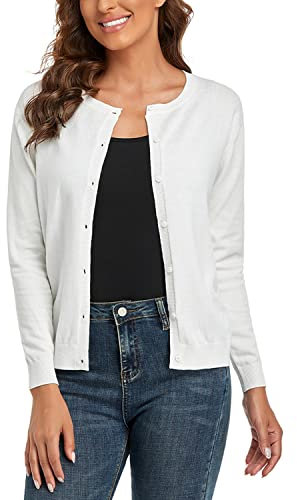 CUNYI Women’s Cardigan Long Sleeve Sweater Lightweight Classic Crew Neck Ladies Coat with Buttons Casual Open Front Elegant Outerwear, Off-White M