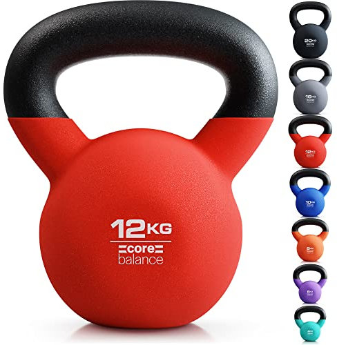 Core Balance 12kg Kettlebell Weight Cast Iron Neoprene Coated Heavy Duty Strength Training (Red)