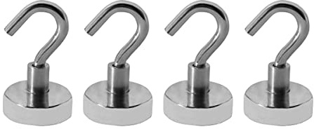 Grip 4 pc Small Magnetic Hooks Professional Strength (22 lb Capacity) - Hang Tools, Utensils, Keys, Paint Brushes, Hanging Plants - Home, Garage, Workshop