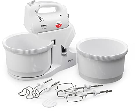 SMAPP 451.66 Küchenmaschine mit ZWEI 3,3L Rührschüssel - 580W Motor - Weiß, inkl. 2 Rührbesen + 2 Knethaken Edelstahl, 5 Geschwindigkeiten, Küchenmaschinen für Brotteig