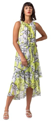 Roman Originals Women Halter Neck Frill Midi Dress - Ladies Special Occasion Evening Party Wedding Guest Print Ruffle Detail Sleeveless Round Neck Dresses - Lime - Size 12