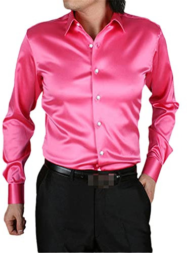 Chemise en satin pour homme, coupe régulière, en soie brillante, décontractée, infroissable, rose rouge, taille L