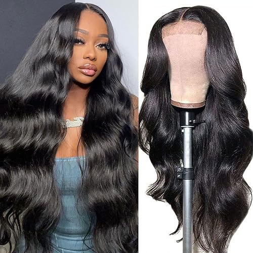 Human Hair Wig with Baby Hair Pre Plucked Body Wave Lace Closure Wigs for Black Women Glueless Brazilian Virgin Hair Lace Front Wig Natural Color 24 Inch 4x4 Lace Closure Wigs 150 Density