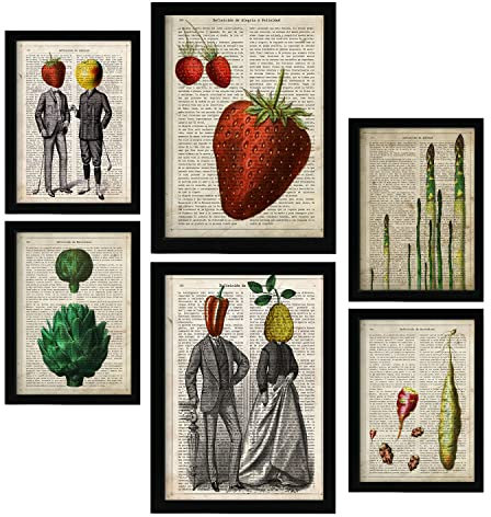 Nacnic Küche Postern. Vintage Papier Stil Plakate mit Enzyklopädie Hintergründen. Obst und Gemüse, gesunder Lebensstil. Innenarchitektur und Dekoration. A4 & A3 Schwarze Rahmen.
