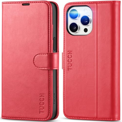 TUCCH Hülle für iPhone 15 Pro Max 5G, TPU [Ständer] [Magnet] Schutzhülle [RFID Blocker] [Kartenfach] Lederhülle Klappbar Stoßfest Etui Handyhülle Kompatibel mit iPhone 15 Pro Max 2023(6,7 Zoll), Rot