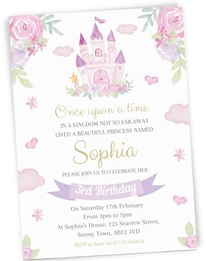 Love To Cherish Personalised Princess Castle Birthday Party Invitations with envelopes, Lilac Princess Fairy Tale Invites for Girls Birthday Party (10 Invites & Envelopes)