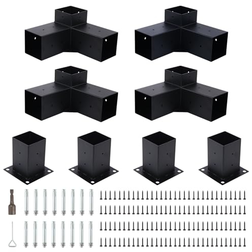 4 x 10,2 cm 3-Wege-Pergola-Halterungen und 4 x Pfostenhalterungs-Set zur Befestigung von Holzbalken, Pavillons und 0utdoor Holzpavillons