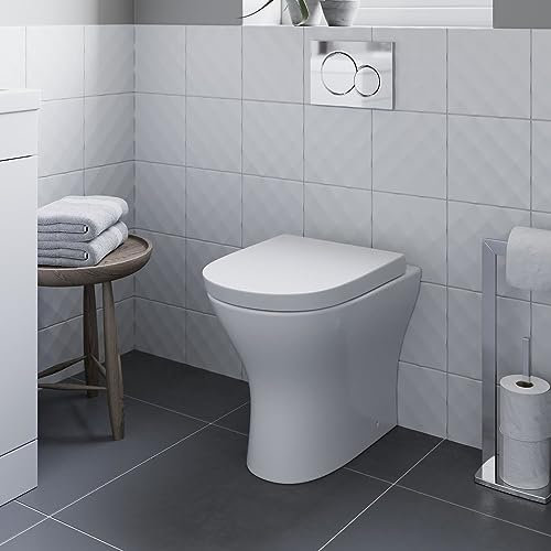 Affine® Arles Modern Bathroom Cloakroom Back to Wall BTW Rimless Toilet Space Saving WC Toilets Soft Close Seat D Shape Pan Ceramic, White Gloss