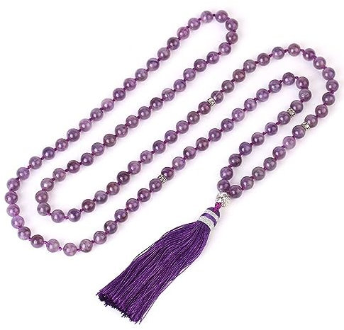Tesselite Vintage 108 Perlen Gebetskette für Männer und Frauen, 8 mm, natürliche Sone, buddhistische Buddha-Meditationsperlen, Mala-Quasten-Halsketten, Amethyst, Einheitsgröße