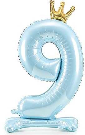 XXL Ballon 9 - Selbststehend ohne Helium Folienballon 9 Blau Ballon 9. Geburtstag Zahlenballon 9 selbststehend Junge Kindergeburtstag Luftballon Zahl 9 Hellblau mit goldener Krone, 84cm