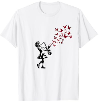 Streetart Girl Painting Saxophonspieler Schmetterlinge T-Shirt